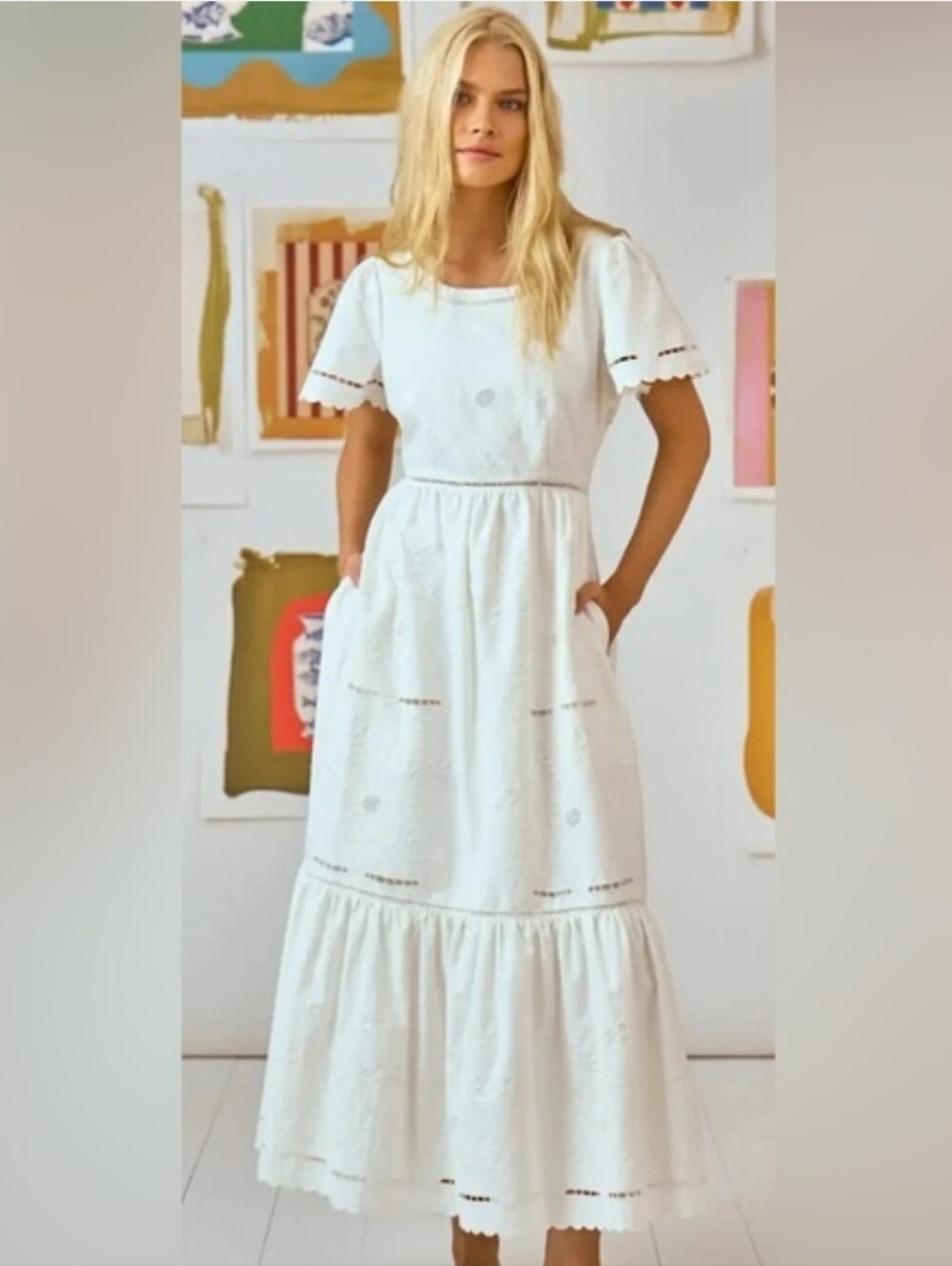 Hunter Bell Marley flutter sleeve embroidered cotton white maxi dress, 10